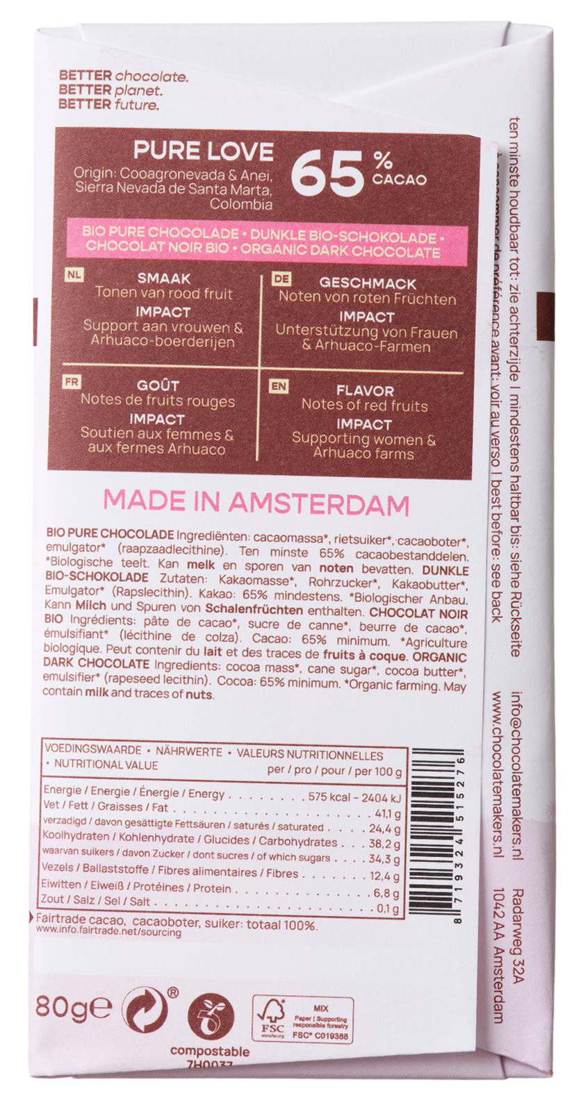 Chocolatemakers Pure love reep 65% puur fairtrade bio 80.00 Gram