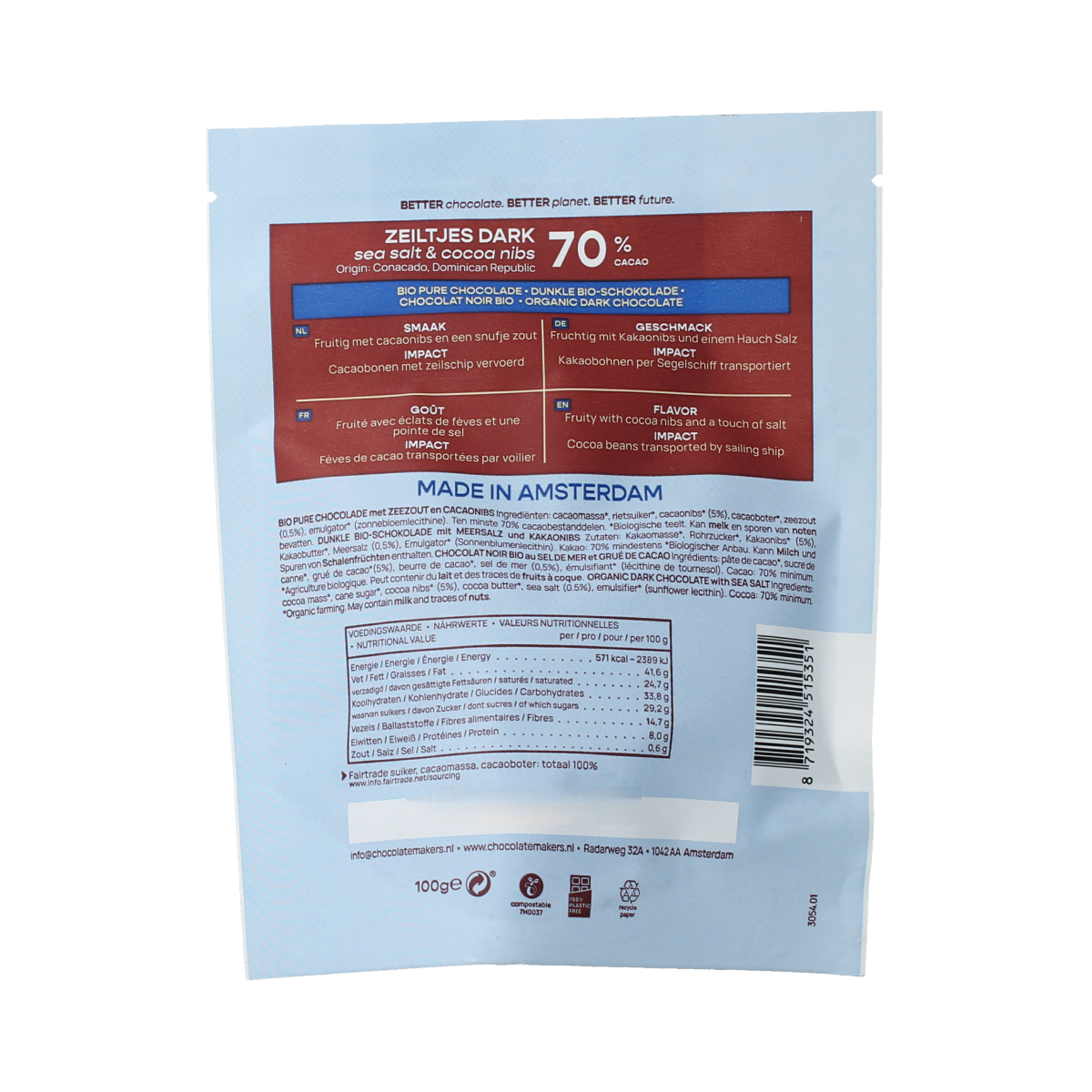 Chocolatemakers Zeiltjes puur 70% met cacaonibs & zeezout bio 100.00 Gram