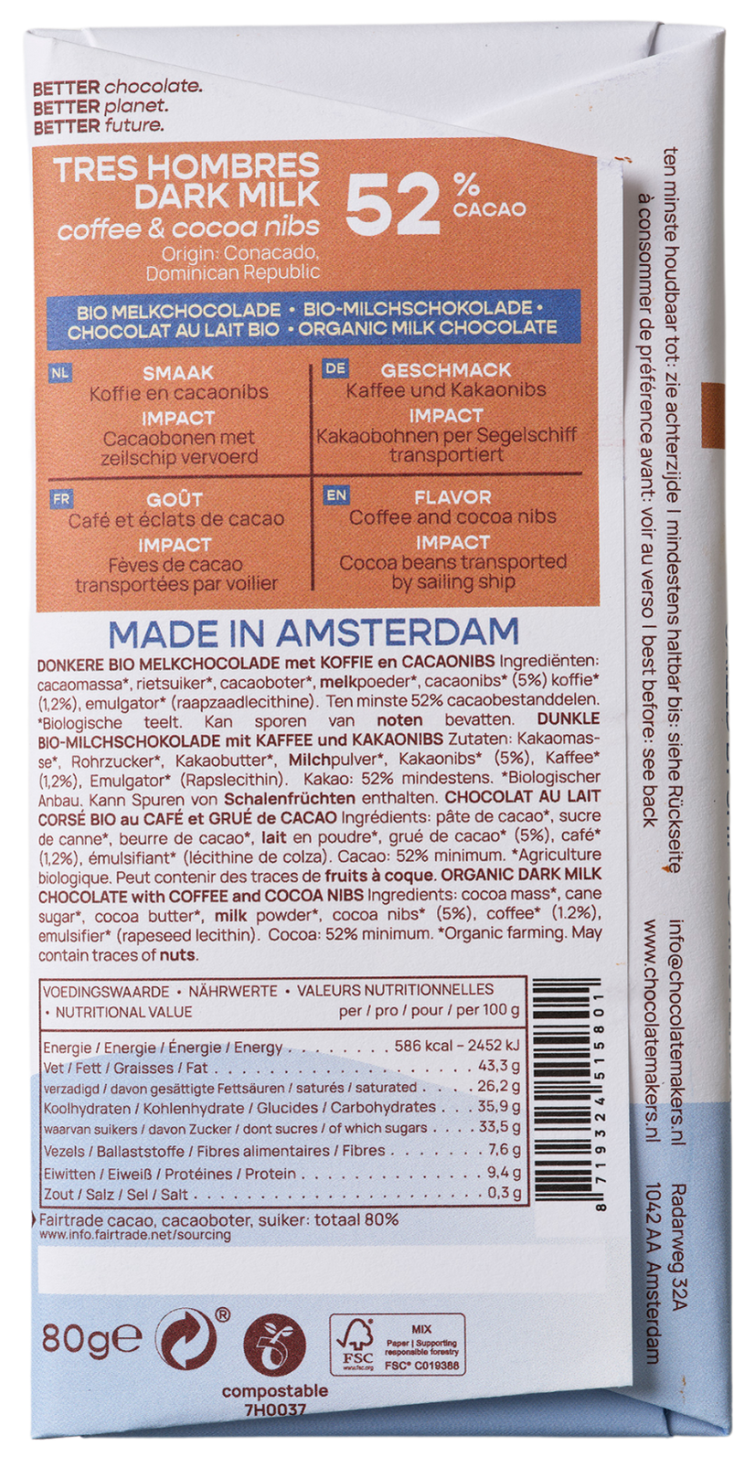 Chocolatemakers Reep tres hombres 52% melk cacaonibs & koffie bio 80.00 Gram