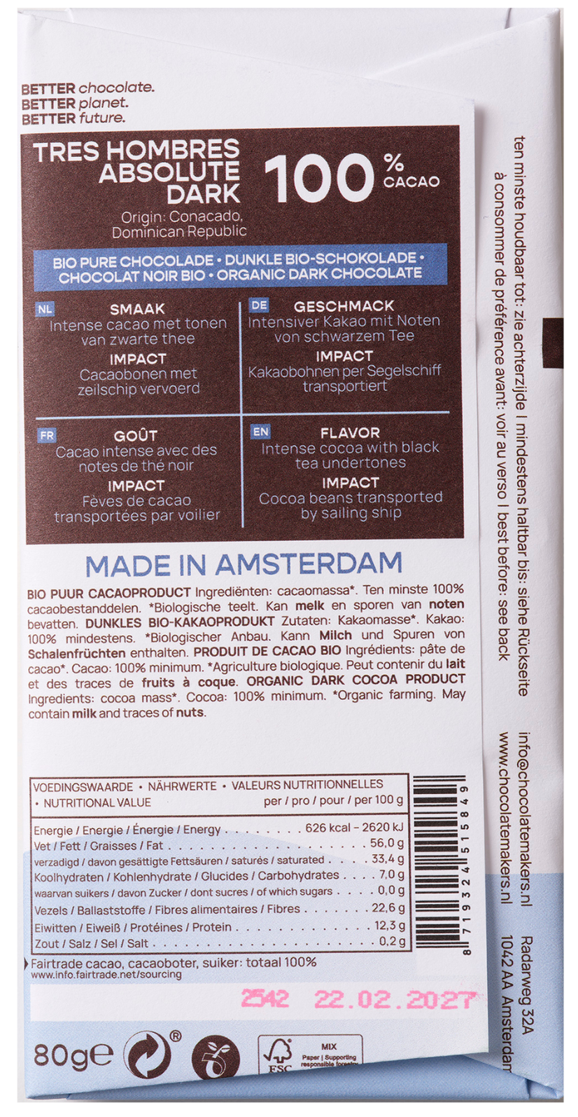 Chocolatemakers Reep tres hombres 100% extra puur fairtrade bio 80.00 Gram