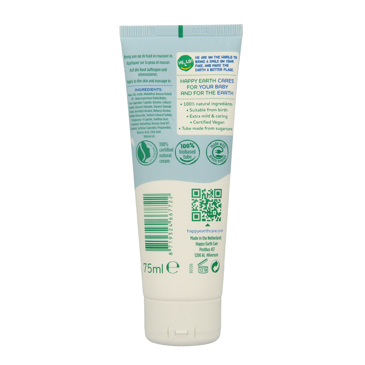 Happy Earth Billencreme zink voor baby & kids 75.00 Milliliter