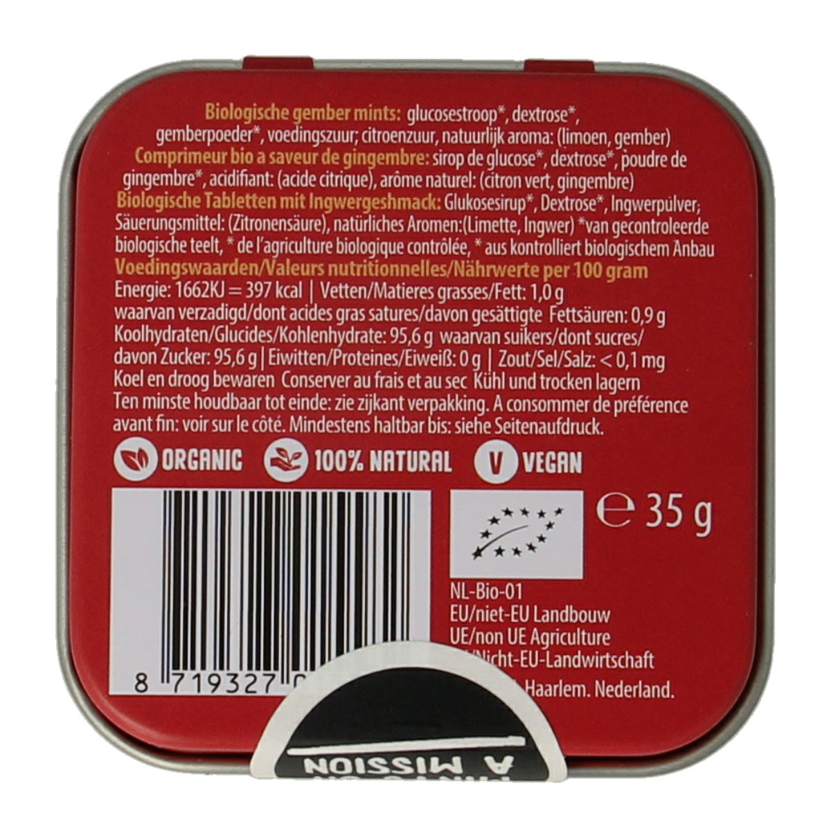 Max mints Ginger blikje vierkant bio 35.00 Gram