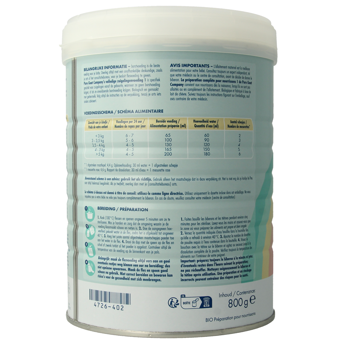 Pure Goat Zuigelingenvoeding volledig 1 bio 800.00 Gram