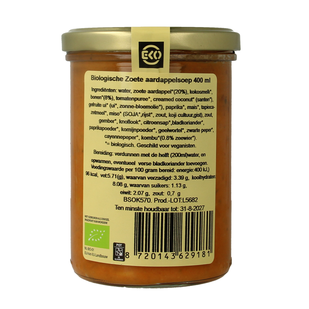 Kleinstesoepfabriek Zoete aardappelsoep met lokale bonen en kombu bio 400.00 Milliliter