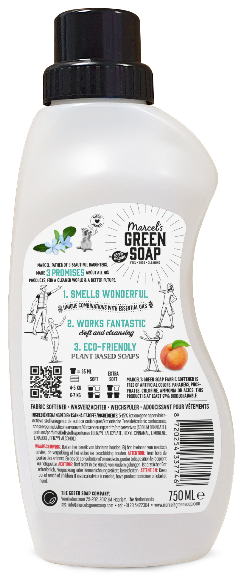 Marcel's Green Soap Wasverzachter perzik & jasmijn 750.00 Milliliter