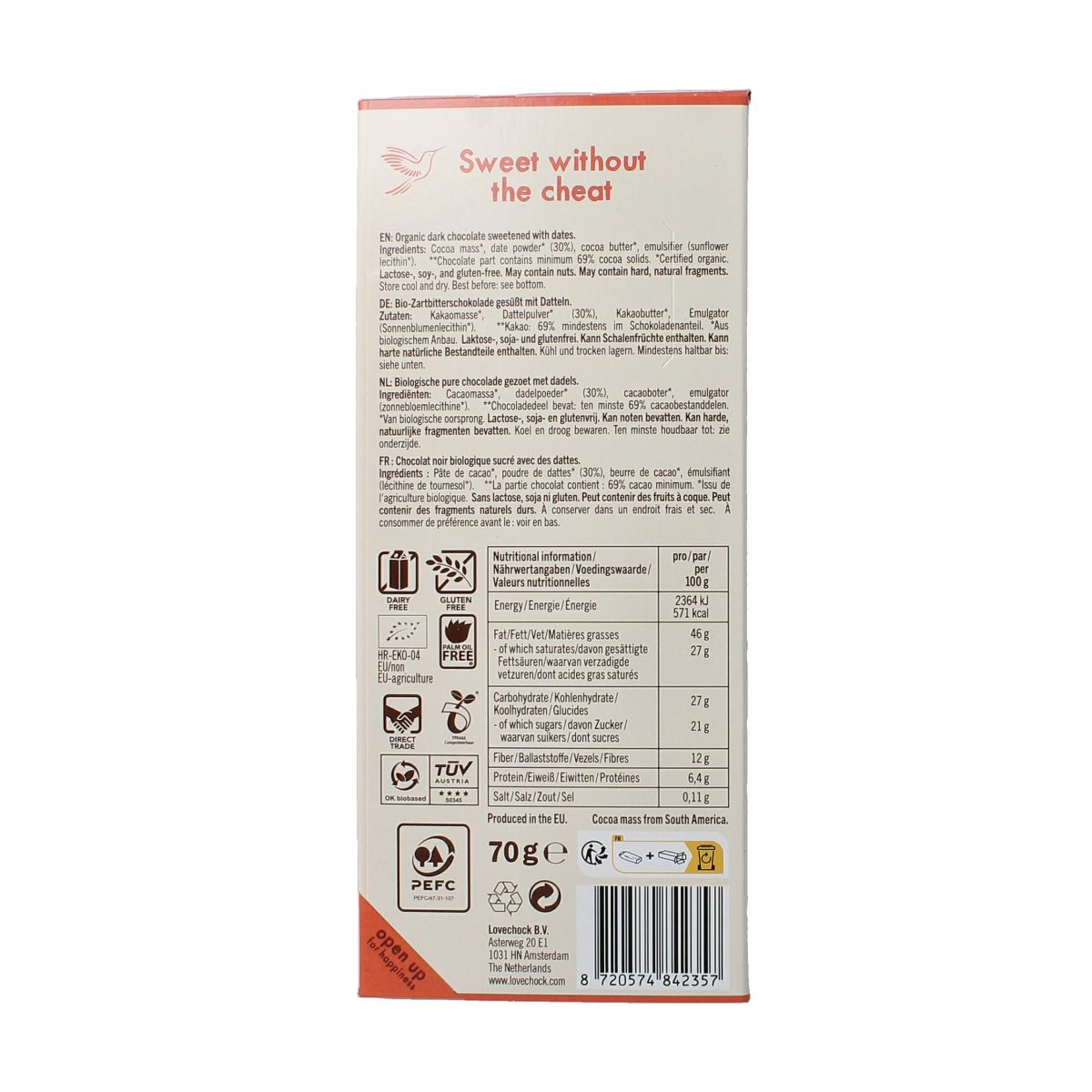 Lovechock Dark chocolate bio 70.00 Gram