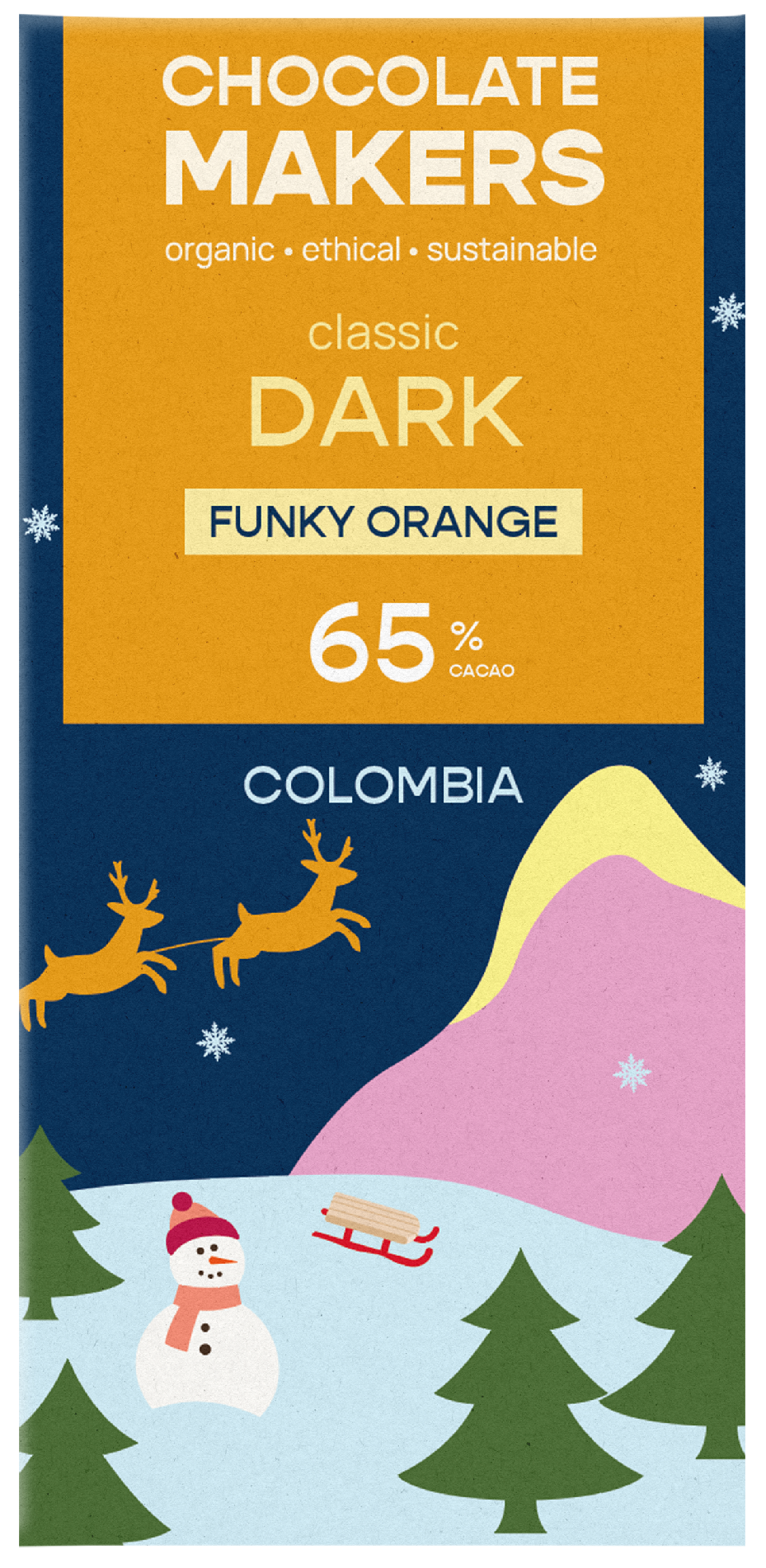 Chocolatemakers Kerstreep Colombia puur 65% orange bio 80.00 Gram