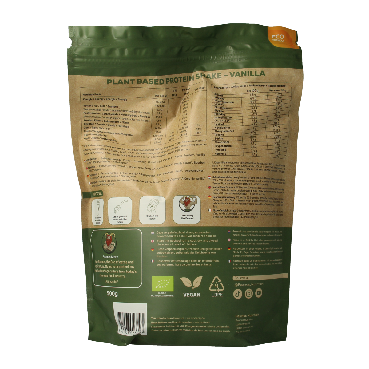 Faunus Nutrition Proteine gefermenteerd vanille bio 900.00 Gram